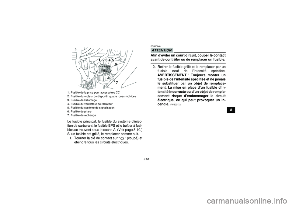 YAMAHA GRIZZLY 550 2012  Notices Demploi (in French) 8-64
8
Le fusible principal, le fusible du syst ème d ’injec-
tion de carburant, le fusible EPS et le bo îtier  à fusi-
bles se trouvent sous le cache A. (Voir page 8-10.)
Si un fusible est grill