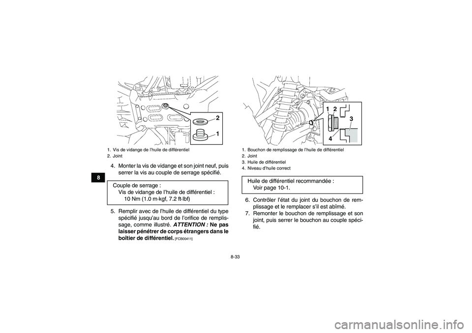 YAMAHA GRIZZLY 550 2011  Notices Demploi (in French) 8-33
84. Monter la vis de vidange et son joint neuf, puis
serrer la vis au couple de serrage spécifié.
5. Remplir avec de l’huile de différentiel du type
spécifié jusqu’au bord de l’orifice