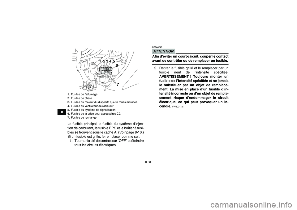 YAMAHA GRIZZLY 550 2011  Notices Demploi (in French) 8-63
8
Le fusible principal, le fusible du système d’injec-
tion de carburant, le fusible EPS et le boîtier à fusi-
bles se trouvent sous le cache A. (Voir page 8-10.)
Si un fusible est grillé, 