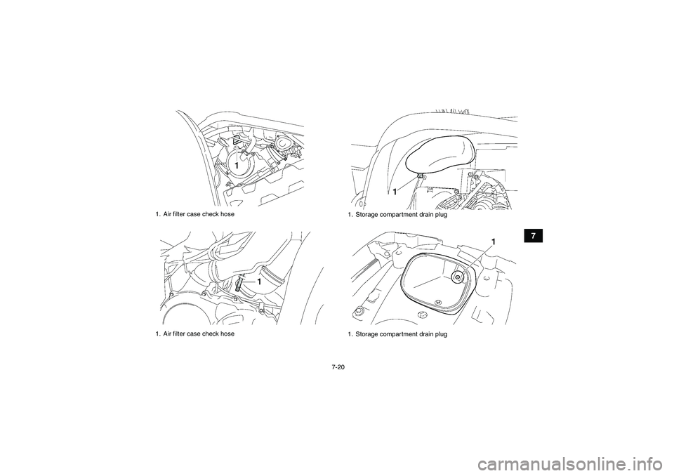 YAMAHA GRIZZLY 550 2010  Owners Manual 7-20
7
1. Air filter case check hose
1. Air filter case check hose
1. Storage compartment drain plug
1. Storage compartment drain plug
U28P61E0.book  Page 20  Wednesday, March 18, 2009  9:25 AM 