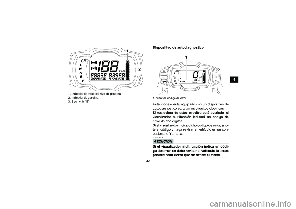 YAMAHA GRIZZLY 550 2009  Manuale de Empleo (in Spanish) 4-7
4 Dispositivo de autodiagnóstico
Este modelo está equipado con un dispositivo de
autodiagnóstico para varios circuitos eléctricos.
Si cualquiera de estos circuitos está averiado, el
visualiza