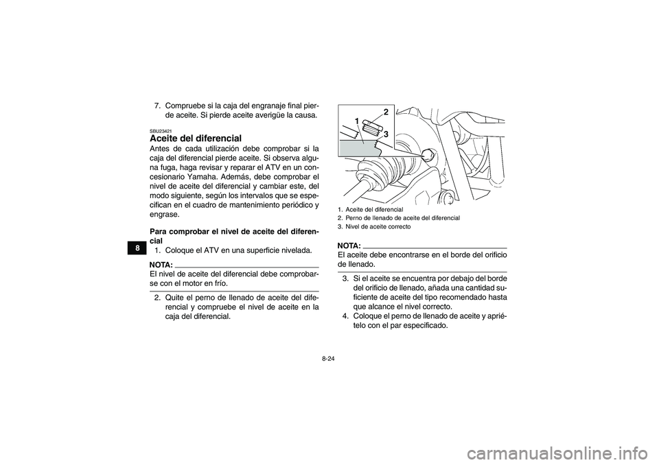 YAMAHA GRIZZLY 660 2007 Manuale de Empleo (in Spanish) 8-24
87. Compruebe si la caja del engranaje final pier-
de aceite. Si pierde aceite averigüe la causa.
SBU23421Aceite del diferencial Antes de cada utilización debe comprobar si la
caja del diferenc YAMAHA GRIZZLY 660 2007 Manuale de Empleo (in Spanish) 8-24
87. Compruebe si la caja del engranaje final pier-
de aceite. Si pierde aceite averigüe la causa.
SBU23421Aceite del diferencial Antes de cada utilización debe comprobar si la
caja del diferenc