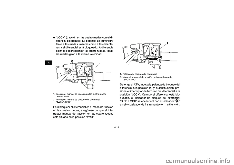YAMAHA GRIZZLY 660 2007 Manuale de Empleo (in Spanish) 4-10
4
“LOCK” (tracción en las cuatro ruedas con el di-
ferencial bloqueado): La potencia se suministra
tanto a las ruedas traseras como a las delante-
ras y el diferencial está bloqueado. A di YAMAHA GRIZZLY 660 2007 Manuale de Empleo (in Spanish) 4-10
4
“LOCK” (tracción en las cuatro ruedas con el di-
ferencial bloqueado): La potencia se suministra
tanto a las ruedas traseras como a las delante-
ras y el diferencial está bloqueado. A di