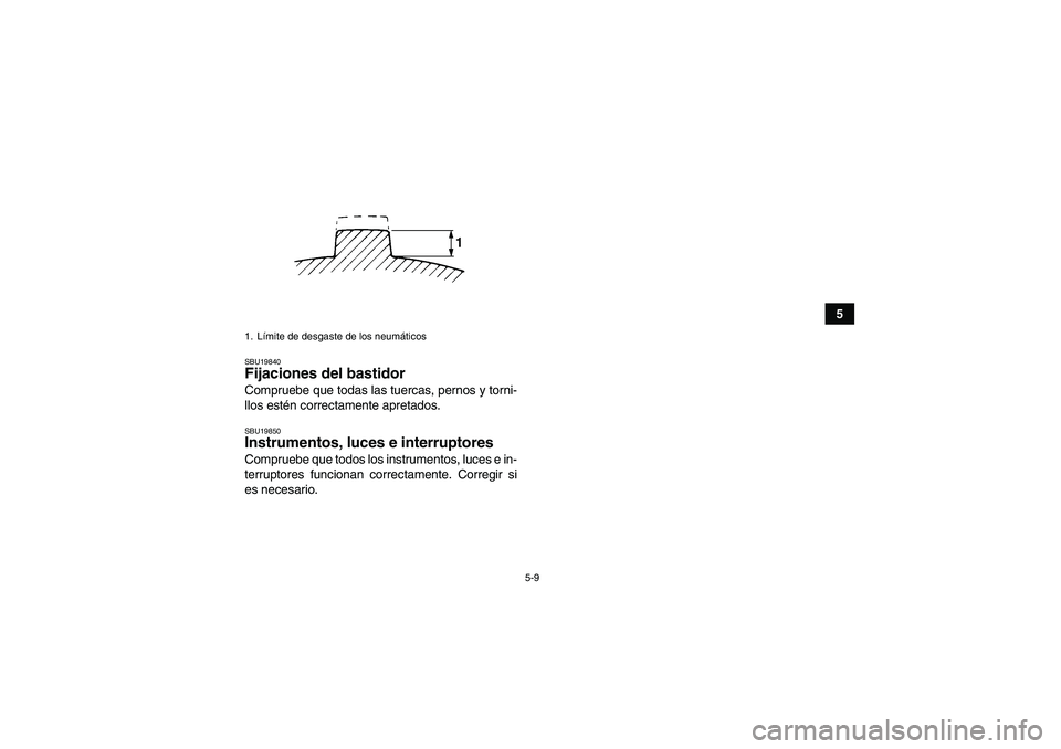 YAMAHA GRIZZLY 660 2007  Manuale de Empleo (in Spanish) 5-9
5
SBU19840Fijaciones del bastidor Compruebe que todas las tuercas, pernos y torni-
llos estén correctamente apretados.SBU19850Instrumentos, luces e interruptores Compruebe que todos los instrumen