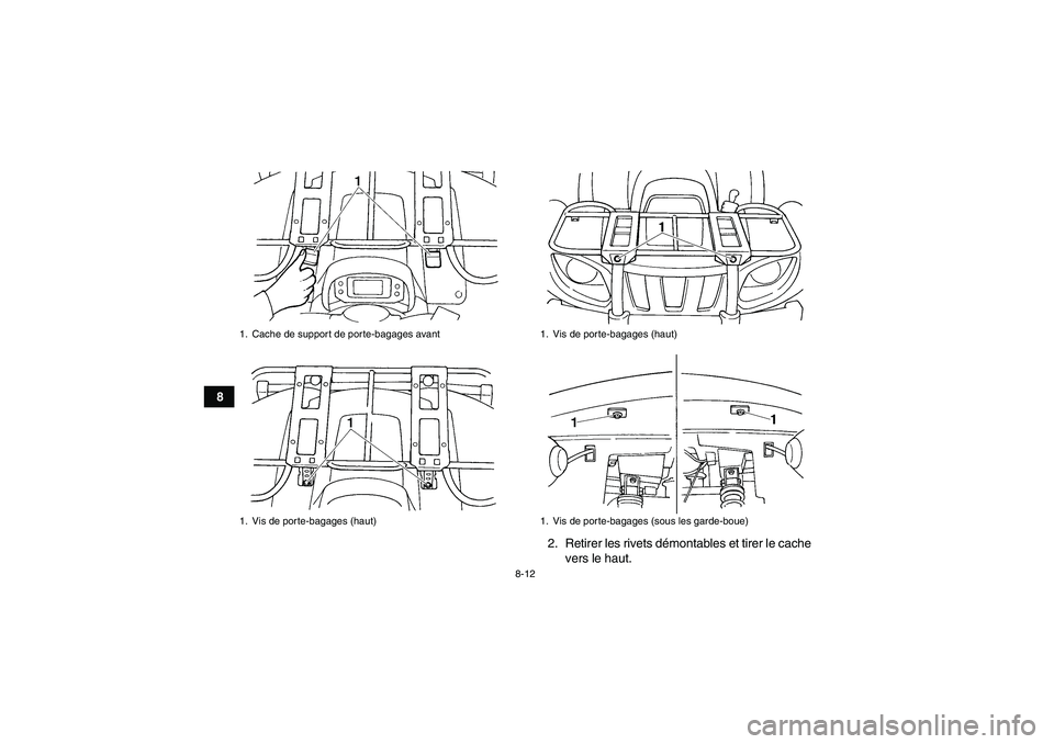 YAMAHA GRIZZLY 660 2007  Notices Demploi (in French) 8-12
8
2. Retirer les rivets démontables et tirer le cache
vers le haut.
1. Cache de support de porte-bagages avant
1. Vis de porte-bagages (haut)
1. Vis de porte-bagages (haut)
1. Vis de porte-bagag