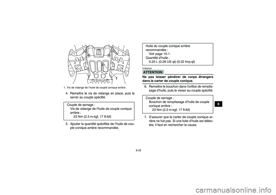 YAMAHA GRIZZLY 660 2007  Notices Demploi (in French) 8-23
8 4. Remettre la vis de vidange en place, puis la
serrer au couple spécifié.
5. Ajouter la quantité spécifiée de l’huile de cou-
ple conique arrière recommandée.
ATTENTION:FCB00420Ne pas