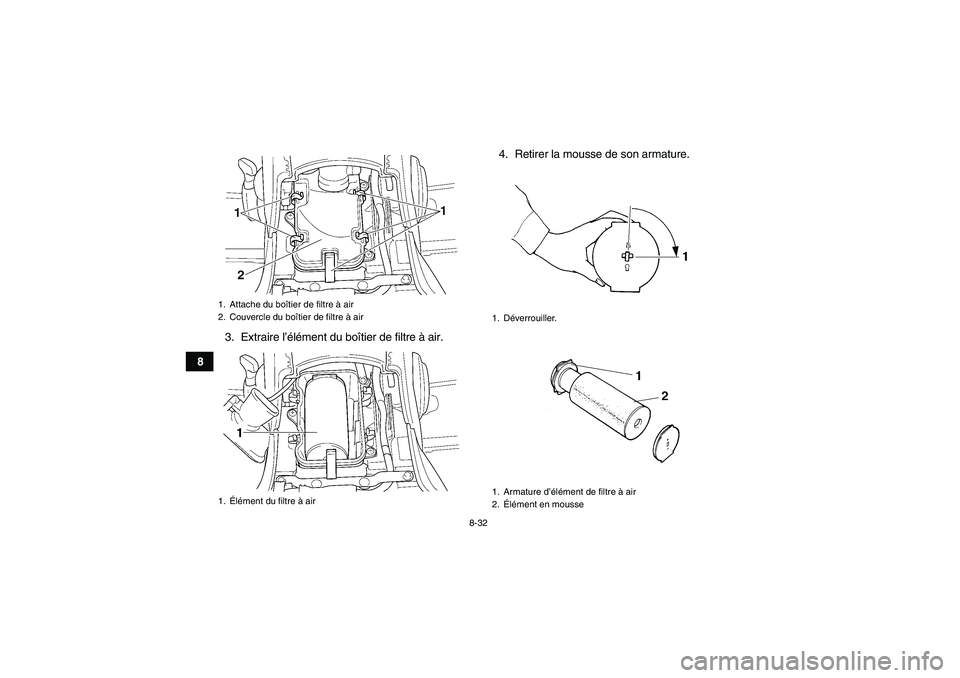 YAMAHA GRIZZLY 660 2007  Notices Demploi (in French) 8-32
83. Extraire l’élément du boîtier de filtre à air.4. Retirer la mousse de son armature.
1. Attache du boîtier de filtre à air
2. Couvercle du boîtier de filtre à air
1.Élément du filt