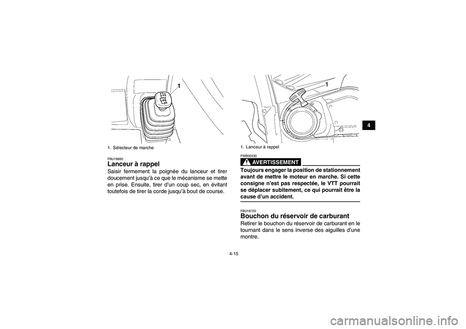 YAMAHA GRIZZLY 660 2007  Notices Demploi (in French) 4-15
4
FBU18690Lanceur à rappel Saisir fermement la poignée du lanceur et tirer
doucement jusqu’à ce que le mécanisme se mette
en prise. Ensuite, tirer d’un coup sec, en évitant
toutefois de 
