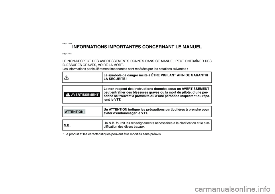 YAMAHA GRIZZLY 660 2007  Notices Demploi (in French) FBU17330
INFORMATIONS IMPORTANTES CONCERNANT LE MANUEL
FBU17341LE NON-RESPECT DES AVERTISSEMENTS DONNÉS DANS CE MANUEL PEUT ENTRAÎNER DES
BLESSURES GRAVES, VOIRE LA MORT.
Les informations particuli