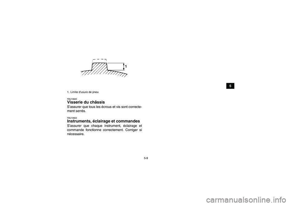 YAMAHA GRIZZLY 660 2007  Notices Demploi (in French) 5-9
5
FBU19840Visserie du châssis S’assurer que tous les écrous et vis sont correcte-
ment serrés.FBU19850Instruments, éclairage et commandes S’assurer que chaque instrument, éclairage et
com