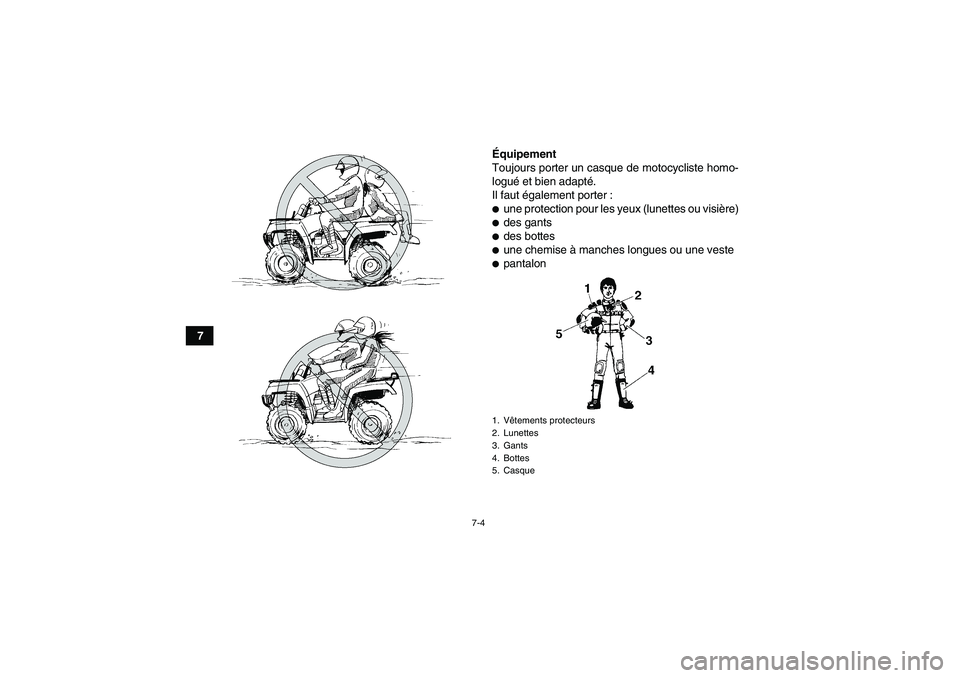 YAMAHA GRIZZLY 660 2007  Notices Demploi (in French) 7-4
7Équipement
Toujours porter un casque de motocycliste homo-
logué et bien adapté.
Il faut également porter :
une protection pour les yeux (lunettes ou visière)des gantsdes bottesune chemi