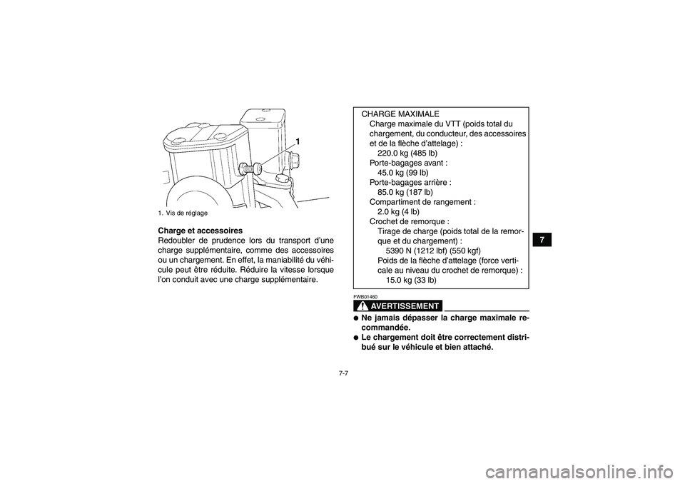 YAMAHA GRIZZLY 660 2007  Notices Demploi (in French) 7-7
7 Charge et accessoires
Redoubler de prudence lors du transport d’une
charge supplémentaire, comme des accessoires
ou un chargement. En effet, la maniabilité du véhi-
cule peut être réduite
