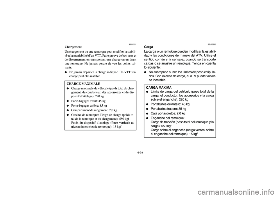 YAMAHA GRIZZLY 660 2003 Manuale de Empleo (in Spanish) 6-28
FBU00232
Chargement
Un chargement ou une remorque peut modifier la stabili-
té et la maniabilité d’un VTT. Faire preuve de bon sens et
de discernement en transportant une charge ou en tirant
YAMAHA GRIZZLY 660 2003 Manuale de Empleo (in Spanish) 6-28
FBU00232
Chargement
Un chargement ou une remorque peut modifier la stabili-
té et la maniabilité d’un VTT. Faire preuve de bon sens et
de discernement en transportant une charge ou en tirant