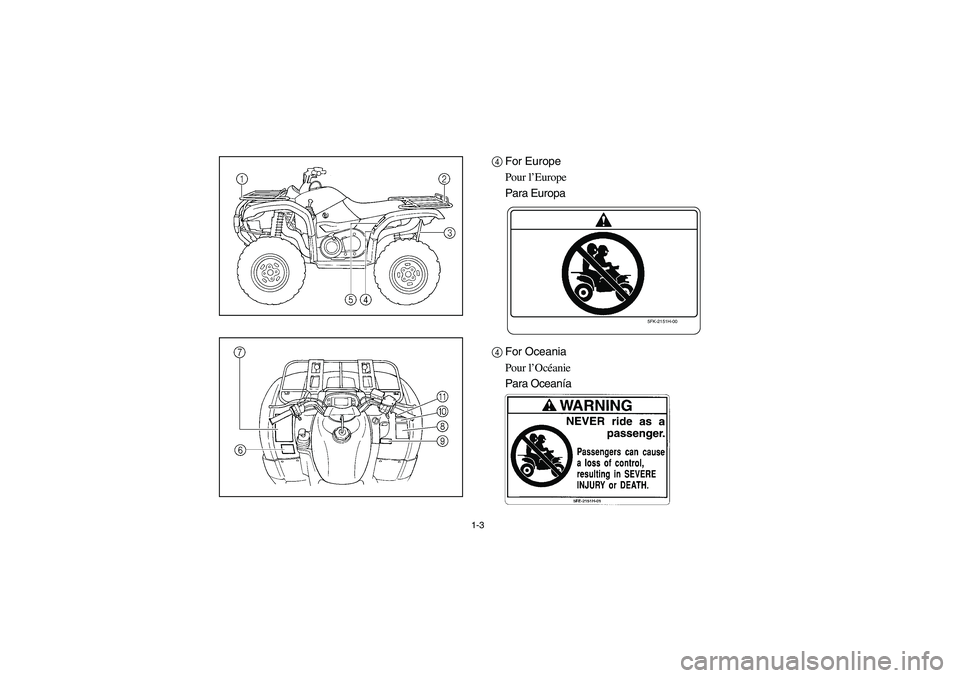 YAMAHA GRIZZLY 660 2003  Manuale de Empleo (in Spanish) 1-3
4For Europe
Pour l’Europe
Para Europa
4For Oceania
Pour l’Océanie
Para Oceanía
5FK-2151H-00
U5KM61.book  Page 3  Friday, July 26, 2002  11:13 AM 
