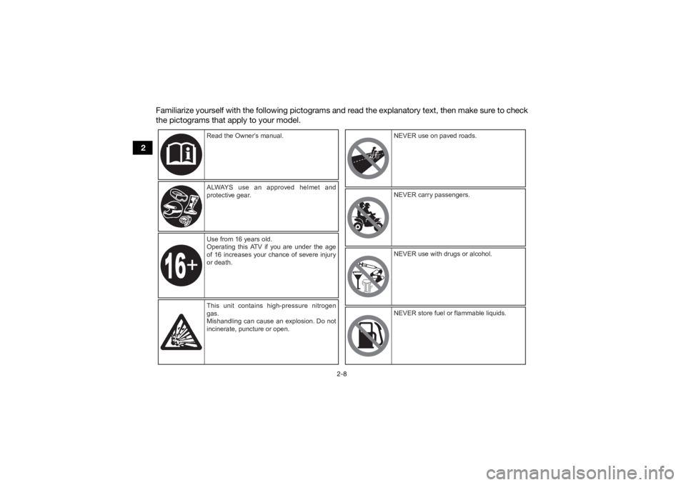 YAMAHA GRIZZLY 700 2022  Owners Manual 2-8
2Familiarize yourself with the following pictograms and read the explanatory text, then make sure to check
the pictograms that apply to your model.
Read the Owner’s manual.
ALWAYS  use  an  appr