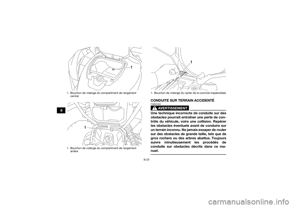YAMAHA GRIZZLY 700 2022  Notices Demploi (in French) 8-24
8CONDUITE SUR TERRAIN ACCIDENTÉ
AVERTISSEMENT
FWB01652Une technique incorrecte de conduite sur des
obstacles pourrait entraîner une perte de con-
trôle du véhicule, voire une collision. Repé