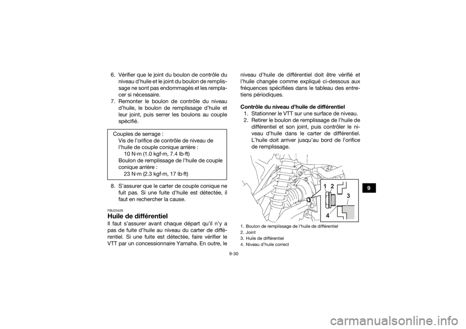YAMAHA GRIZZLY 700 2022  Notices Demploi (in French) 9-30
9
6. Vérifier que le joint du boulon de contrôle du
niveau d’huile et le joint du boulon de remplis-
sage ne sont pas endommagés et les rempla-
cer si nécessaire.
7. Remonter le boulon de c