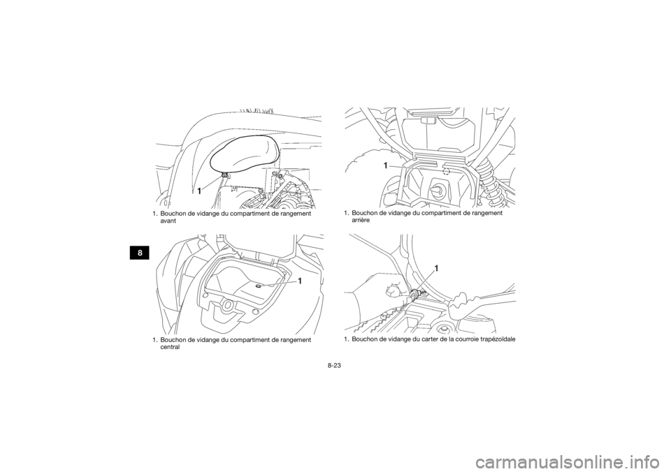 YAMAHA GRIZZLY 700 2020  Notices Demploi (in French) 8-23
8
1. Bouchon de vidange du compartiment de rangement avant
1. Bouchon de vidange du compartiment de rangement  central
1
1. Bouchon de vidange du compartiment de rangement arrière
1. Bouchon de 