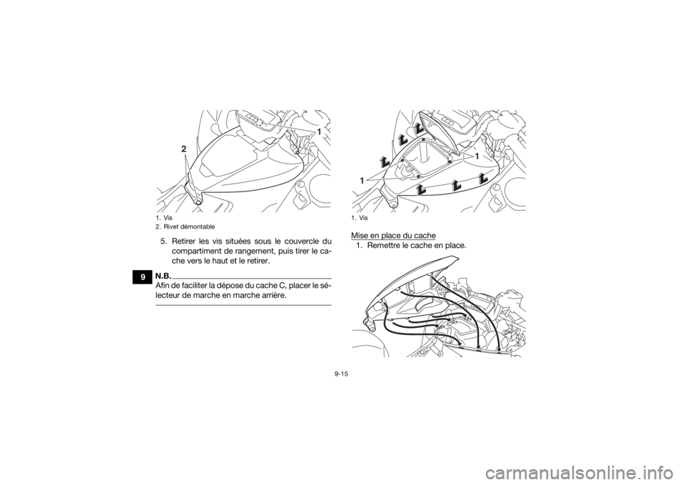 YAMAHA GRIZZLY 700 2020  Notices Demploi (in French) 9-15
95. Retirer les vis situées sous le couvercle du
compartiment de rangement, puis tirer le ca-
che vers le haut et le retirer.
N.B.Afin de faciliter la dépose du cache C, placer le sé-
lecteur 
