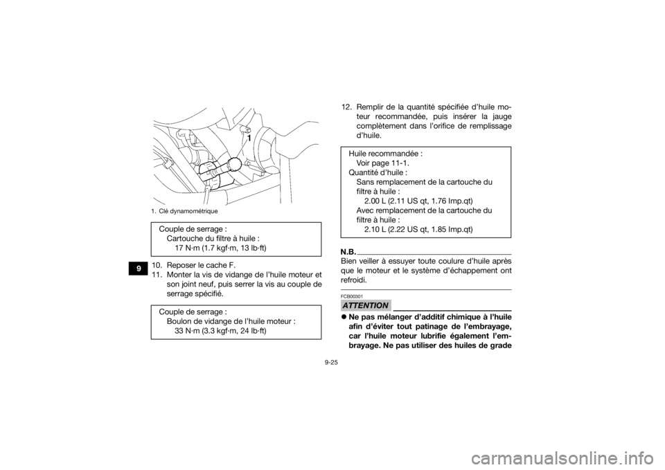 YAMAHA GRIZZLY 700 2020 Notices Demploi (in French) 9-25
910. Reposer le cache F.
11. Monter la vis de vidange de l’huile moteur et
son joint neuf, puis serrer la vis au couple de
serrage spécifié. 12. Remplir de la quantité spécifiée d’huile YAMAHA GRIZZLY 700 2020 Notices Demploi (in French) 9-25
910. Reposer le cache F.
11. Monter la vis de vidange de l’huile moteur et
son joint neuf, puis serrer la vis au couple de
serrage spécifié. 12. Remplir de la quantité spécifiée d’huile