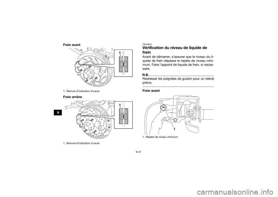 YAMAHA GRIZZLY 700 2020  Notices Demploi (in French) 9-47
9Frein avant
Frein arrière
FBU29845Vérification du nive
au de liquide de 
freinAvant de démarrer, s’assurer que le niveau du li-
quide de frein dépasse le repère de niveau mini-
mum. Faire