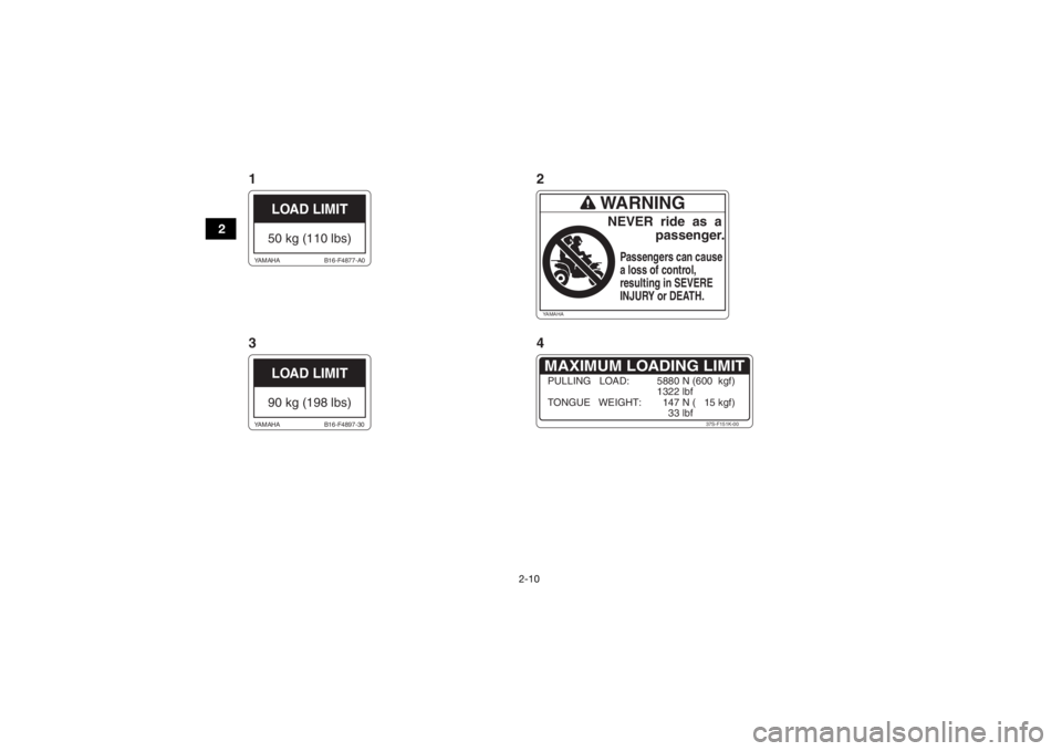 YAMAHA GRIZZLY 700 2020  Notices Demploi (in French) 2-10
2
LOAD LIMIT50 kg (110 lbs)
B16-F4877-A0
YAMAHA
LOAD LIMIT90 kg (198 lbs)
B16-F4897-30
YAMAHA
MAXIMUM LOADING LIMIT
37S-F151K-00
PULLING   LOAD:  5880 N (600  kgf)
 1322  lbf
TO NGUE    WEIGHT:  