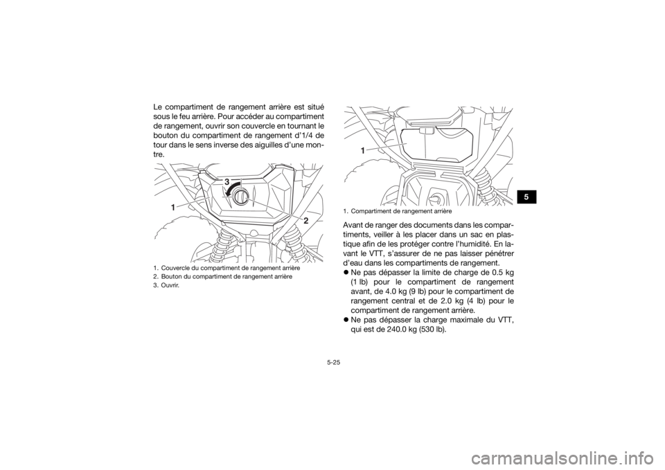 YAMAHA GRIZZLY 700 2020 Notices Demploi (in French) 5-25
5
Le compartiment de rangement arrière est situé
sous le feu arrière. Pour accéder au compartiment
de rangement, ouvrir son couvercle en tournant le
bouton du compartiment de rangement d’1/ YAMAHA GRIZZLY 700 2020 Notices Demploi (in French) 5-25
5
Le compartiment de rangement arrière est situé
sous le feu arrière. Pour accéder au compartiment
de rangement, ouvrir son couvercle en tournant le
bouton du compartiment de rangement d’1/