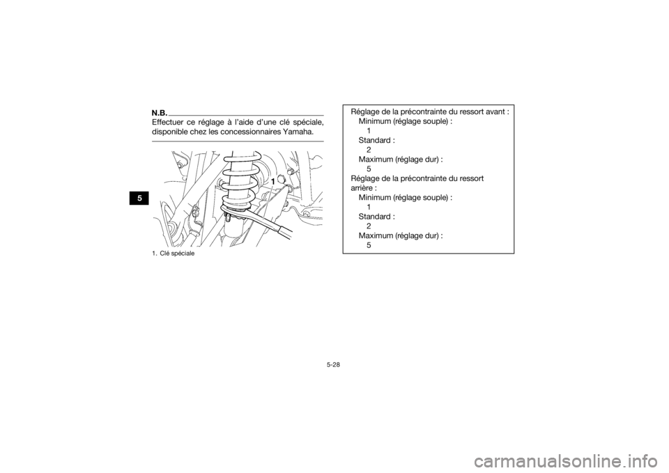 YAMAHA GRIZZLY 700 2020  Notices Demploi (in French) 5-28
5
N.B.Effectuer ce réglage à l’aide d’une clé spéciale,
disponible chez les concessionnaires Yamaha. 1. Clé spéciale
Réglage de la précontrainte du ressort avant :Minimum (réglage so