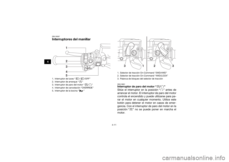 YAMAHA GRIZZLY 700 2019  Manuale de Empleo (in Spanish) 4-11
4
SBU18067Interruptores del manillar
SBU18081Interruptor de paro del motor “ / ”
Sitúe el interruptor en la posición “ ” antes de
arrancar el motor. El interruptor de paro del motor
con