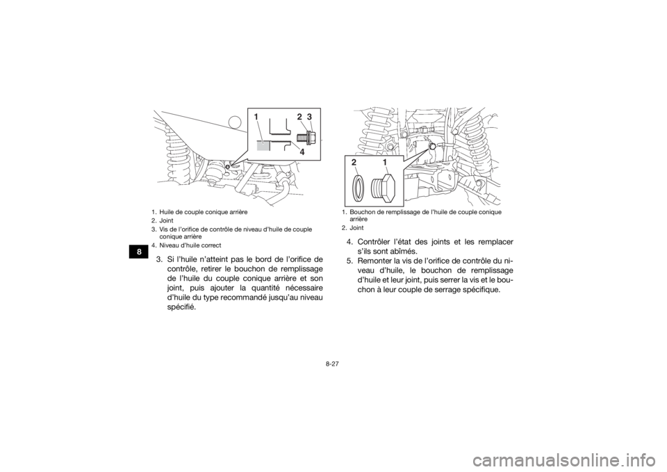 YAMAHA GRIZZLY 700 2019  Notices Demploi (in French) 8-27
83. Si l’huile n’atteint pas le bord de l’orifice de
contrôle, retirer le bouchon de remplissage
de l’huile du couple conique arrière et son
joint, puis ajouter la quantité nécessaire