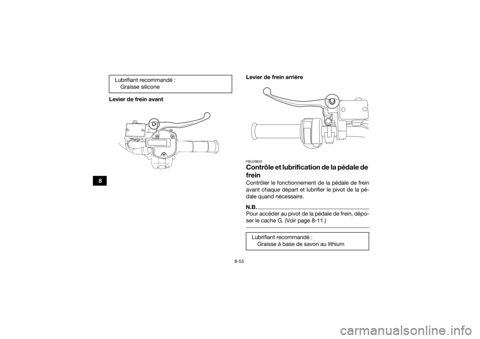YAMAHA GRIZZLY 700 2019  Notices Demploi (in French) 8-53
8Levier de frein avant
Levier de frein arrière
FBU28833Contrôle et lubrificatio
n de la pédale de 
freinContrôler le fonctionnement de la pédale de frein
avant chaque départ et lubrifier le