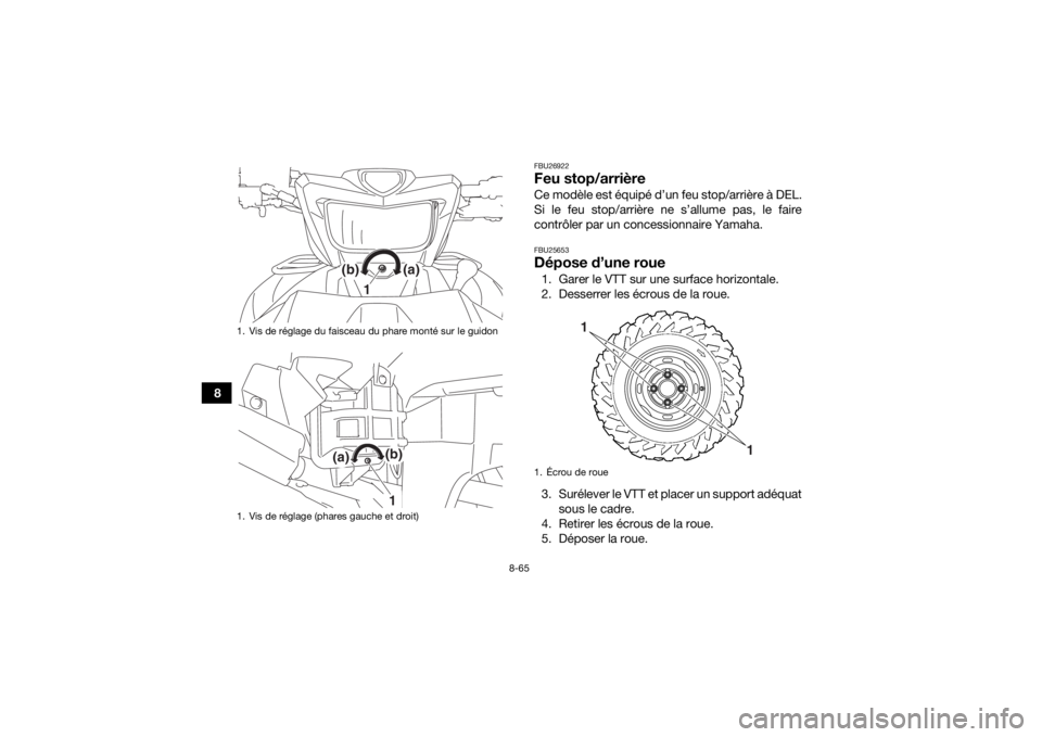 YAMAHA GRIZZLY 700 2019  Notices Demploi (in French) 8-65
8
FBU26922Feu stop/arrièreCe modèle est équipé d’un feu stop/arrière à DEL.
Si le feu stop/arrière ne s’allume pas, le faire
contrôler par un concessionnaire Yamaha.FBU25653Dépose d
