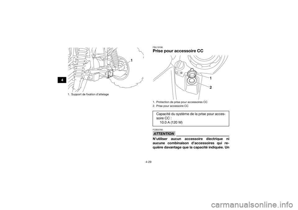 YAMAHA GRIZZLY 700 2019  Notices Demploi (in French) 4-29
4
FBU19186Prise pour accessoire CCATTENTIONFCB03760N’utiliser aucun accessoire électrique ni
aucune combinaison d’accessoires qui re-
quière davantage que la capacité indiquée. Un
1. Supp