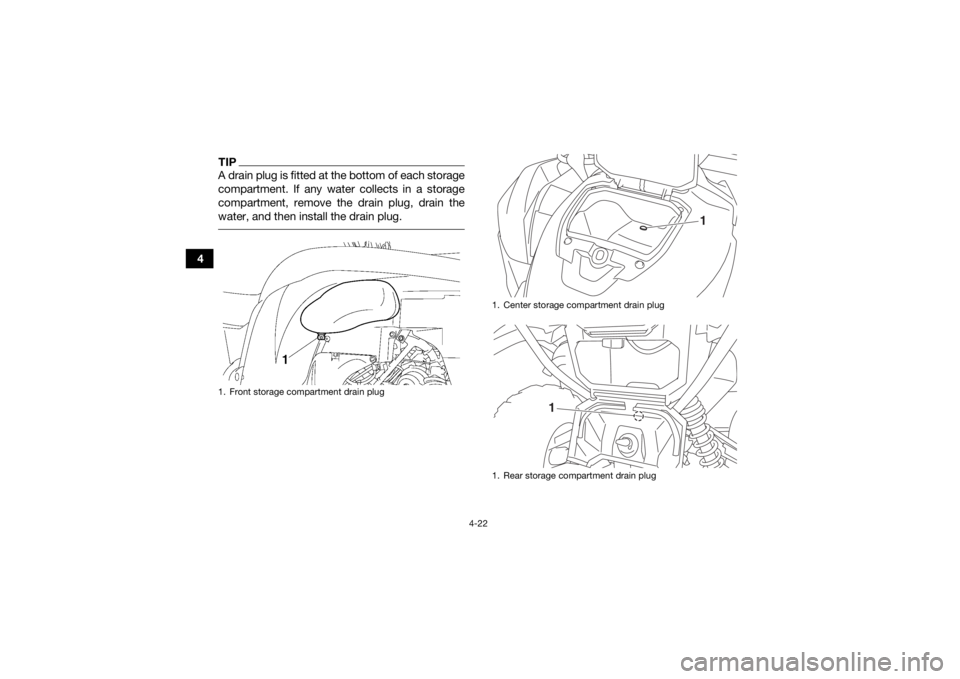 YAMAHA GRIZZLY 700 2018  Owners Manual 4-22
4
TIPA drain plug is fitted at the bottom of each storage
compartment. If any water collects in a storage
compartment, remove the drain plug, drain the
water, and then install the drain plug. 1. 