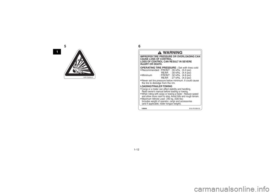 YAMAHA GRIZZLY 700 2017  Owners Manual 1-12
1
Recommended
Minimum: FRONT
  REAR
: FRONT
  REAR: 35 kPa,  (5.0 psi)
: 30 kPa,  (4.4 psi)
: 32 kPa,  (4.6 psi)
: 27 kPa,  (4.0 psi)Never set tire pressure below minimum. It could cause
the tire