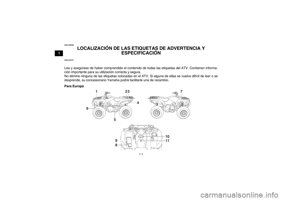 YAMAHA GRIZZLY 700 2014  Manuale de Empleo (in Spanish) 1-1
1
SBU29680
LOCALIZACIÓN DE LAS ETIQUETAS DE ADVERTENCIA Y 
ESPECIFICACIÓN 
SBU30291Lea y asegúrese de haber comprendido el contenido de todas las etiquetas del ATV. Contienen informa-
ción imp