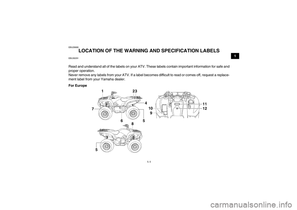YAMAHA GRIZZLY 700 2013  Owners Manual 1-1
1
EBU29680
LOCATION OF THE WARNING AND SPECIFICATION LABELS 
EBU30291Read and understand all of the labels on your ATV. These labels contain important information for safe and
proper operation.
Ne