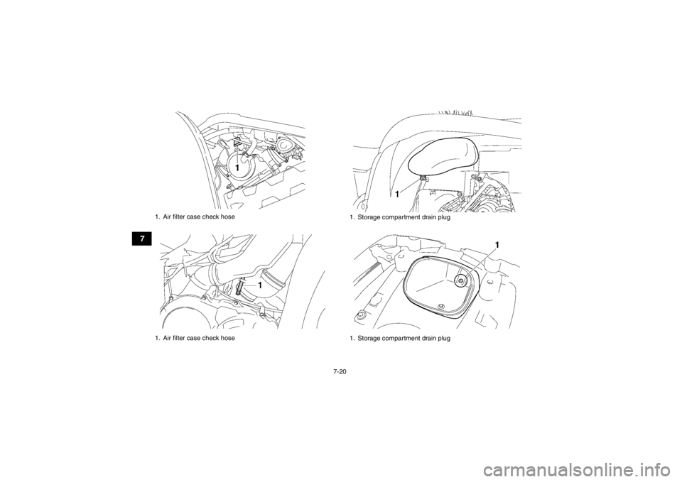 YAMAHA GRIZZLY 700 2013  Owners Manual 7-20
7
1. Air filter case check hose
1. Air filter case check hose
1. Storage compartment drain plug
1. Storage compartment drain plug
U1HP61E0.book  Page 20  Thursday, April 5, 2012  3:33 PM 