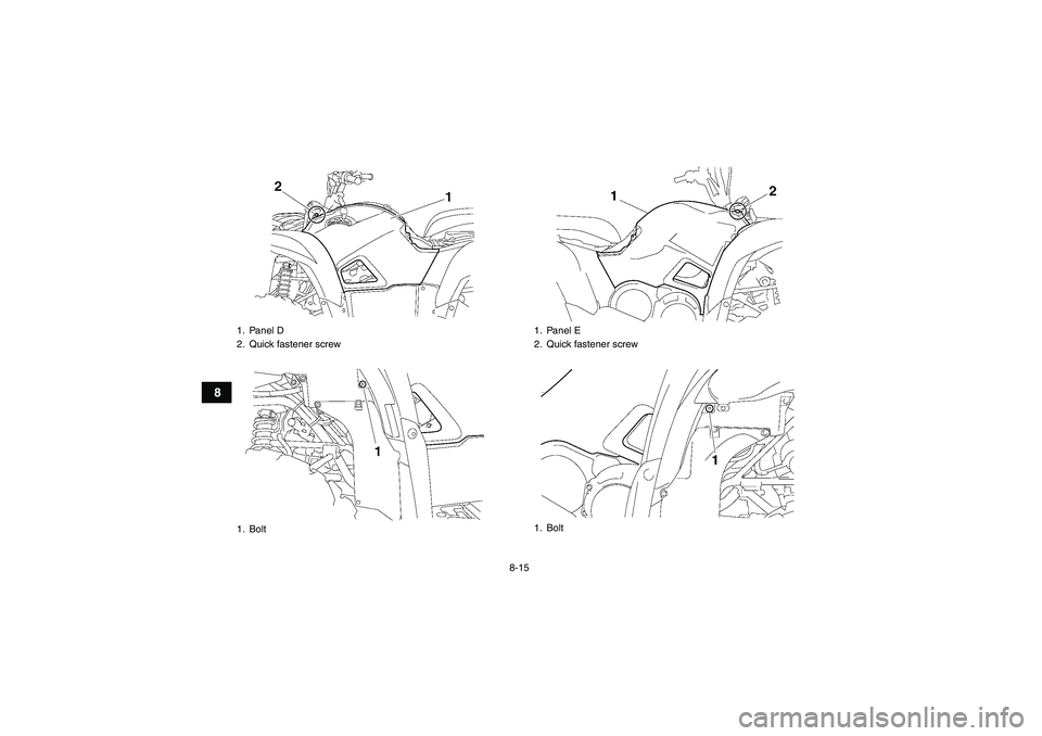 YAMAHA GRIZZLY 700 2012  Owners Manual 8-15
8
1. Panel D
2. Quick fastener screw
1. Bolt
1. Panel E
2. Quick fastener screw
1. Bolt
U1HP60E0.book  Page 15  Monday, April 11, 2011  7:56 PM 