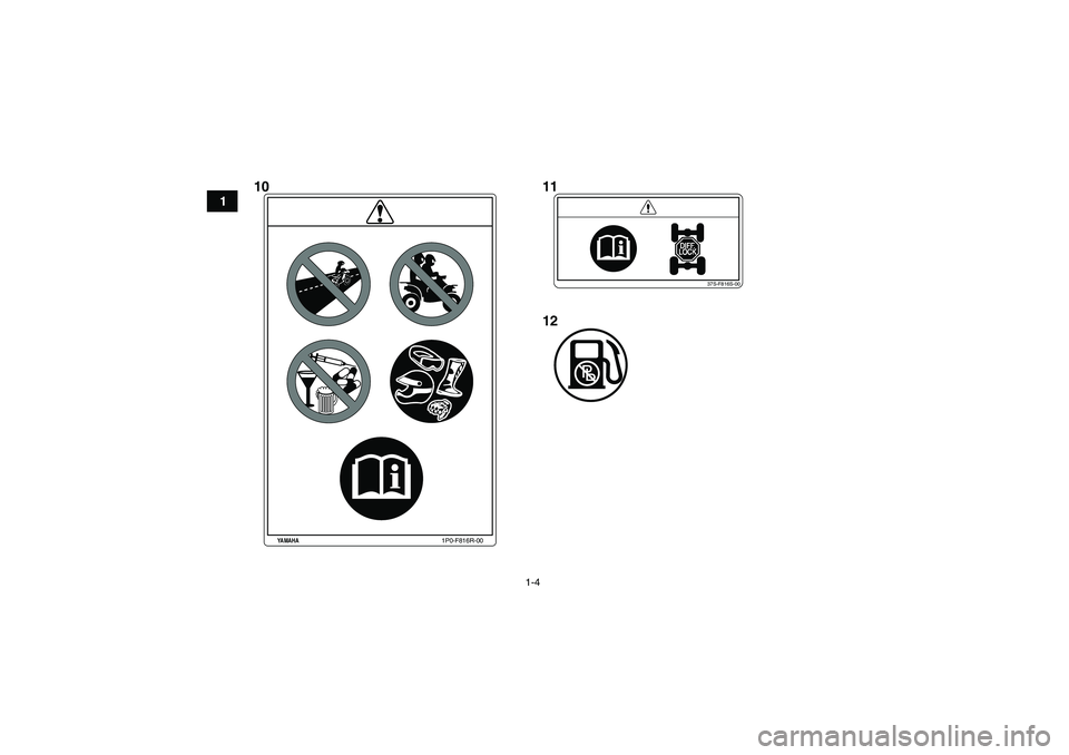 YAMAHA GRIZZLY 700 2012  Owners Manual 1-4
1
37S-F816S-00
1P0-F816R-00
YAMAHA
10 11
12
U1HP60E0.book  Page 4  Monday, April 11, 2011  7:56 PM 