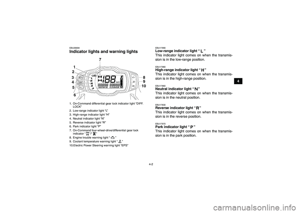 YAMAHA GRIZZLY 700 2011 Owners Manual 4-2
4
EBU26694Indicator lights and warning lights
EBU17990Low-range indicator light“”
This indicator light comes on when the transmis-
sion is in the low-range position.EBU17980High-range indica YAMAHA GRIZZLY 700 2011 Owners Manual 4-2
4
EBU26694Indicator lights and warning lights
EBU17990Low-range indicator light“”
This indicator light comes on when the transmis-
sion is in the low-range position.EBU17980High-range indica