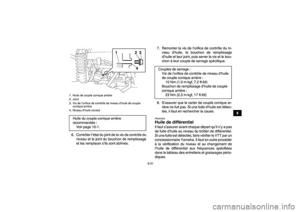 YAMAHA GRIZZLY 700 2011  Notices Demploi (in French) 8-31
8
6. Contrôler l’état du joint de la vis de contrôle du
niveau et le joint du bouchon de remplissage
et les remplacer s’ils sont abîmés.7. Remonter la vis de l’orifice de contrôle du 