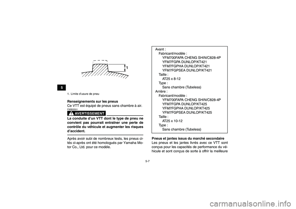 YAMAHA GRIZZLY 700 2011 Notices Demploi (in French) 5-7
5
Renseignements sur les pneus
Ce VTT est équipé de pneus sans chambre à air.
AVERTISSEMENT
FWB02551La conduite d’un VTT dont le type de pneu ne
convient pas pourrait entraîner une perte de
YAMAHA GRIZZLY 700 2011 Notices Demploi (in French) 5-7
5
Renseignements sur les pneus
Ce VTT est équipé de pneus sans chambre à air.
AVERTISSEMENT
FWB02551La conduite d’un VTT dont le type de pneu ne
convient pas pourrait entraîner une perte de