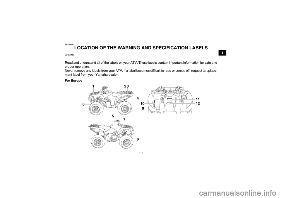 YAMAHA GRIZZLY 700 2010  Owners Manual 1-1
1
EBU29680
LOCATION OF THE WARNING AND SPECIFICATION LABELS 
EBU27153Read and understand all of the labels on your ATV. These labels contain important information for safe and
proper operation.
Ne