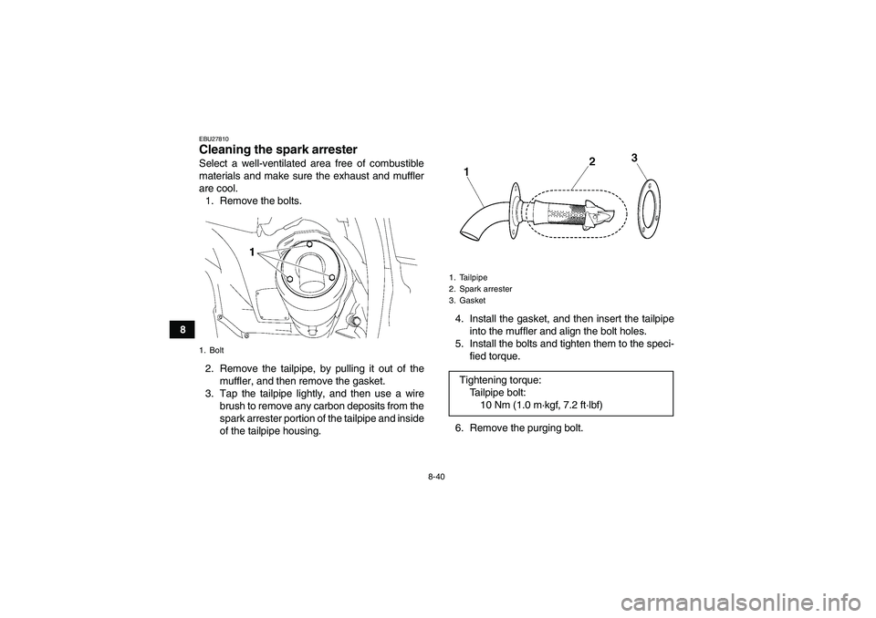 YAMAHA GRIZZLY 700 2010  Owners Manual 8-40
8
EBU27810Cleaning the spark arrester Select a well-ventilated area free of combustible
materials and make sure the exhaust and muffler
are cool.
1. Remove the bolts.
2. Remove the tailpipe, by p