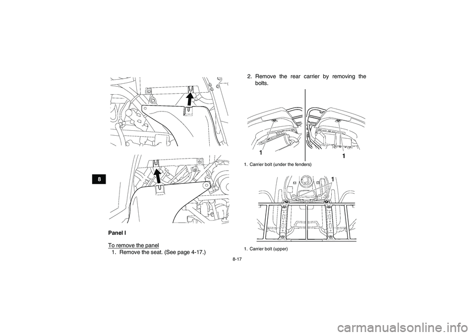 YAMAHA GRIZZLY 700 2009  Owners Manual 8-17
8
Panel I
To remove the panel
1. Remove the seat. (See page 4-17.)2. Remove the rear carrier by removing the
bolts.
1. Carrier bolt (under the fenders)
1. Carrier bolt (upper)
U43P60E0.book  Page