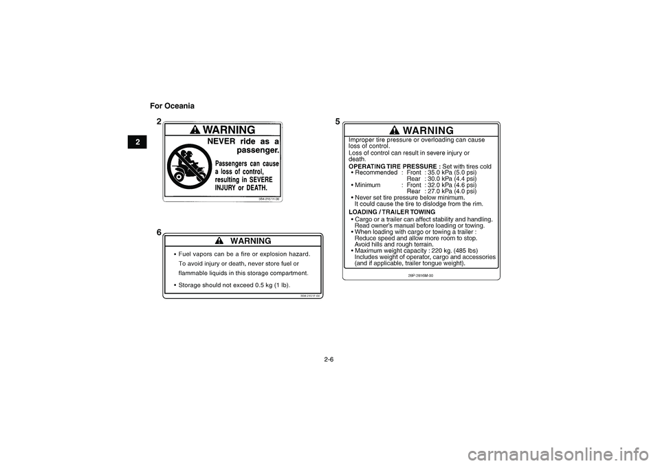 YAMAHA GRIZZLY 700 2009  Owners Manual 2-6
2For Oceania
U43P60E0.book  Page 6  Tuesday, May 20, 2008  5:33 PM 
