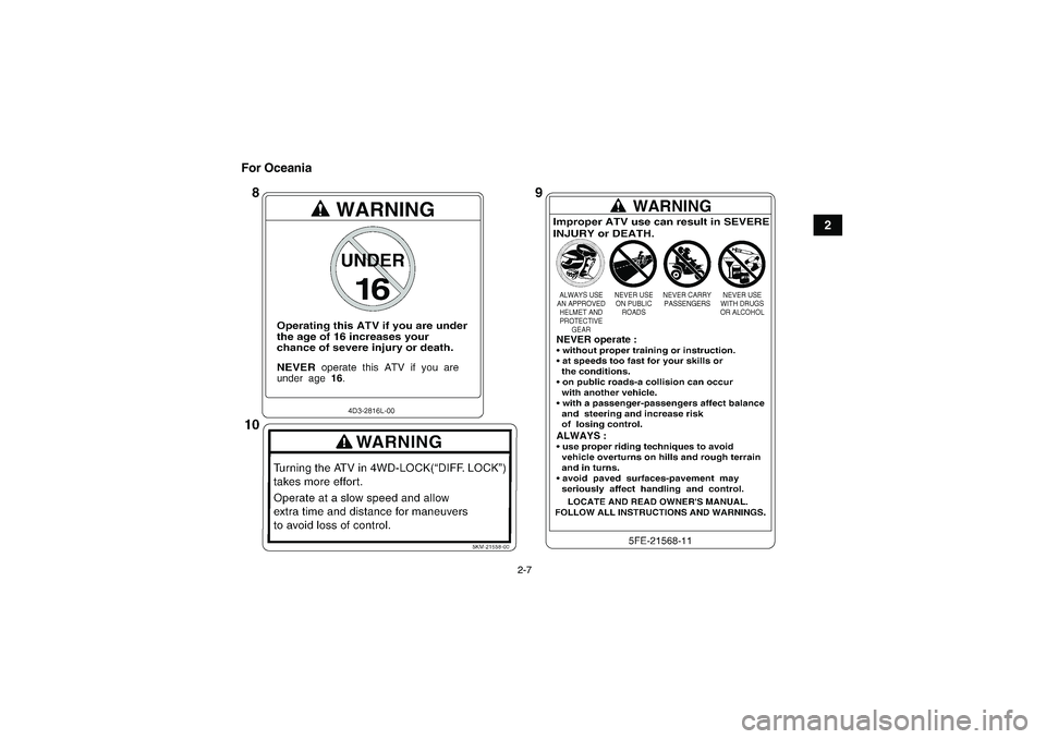 YAMAHA GRIZZLY 700 2009  Owners Manual 2-7
2 For Oceania
U43P60E0.book  Page 7  Tuesday, May 20, 2008  5:33 PM 