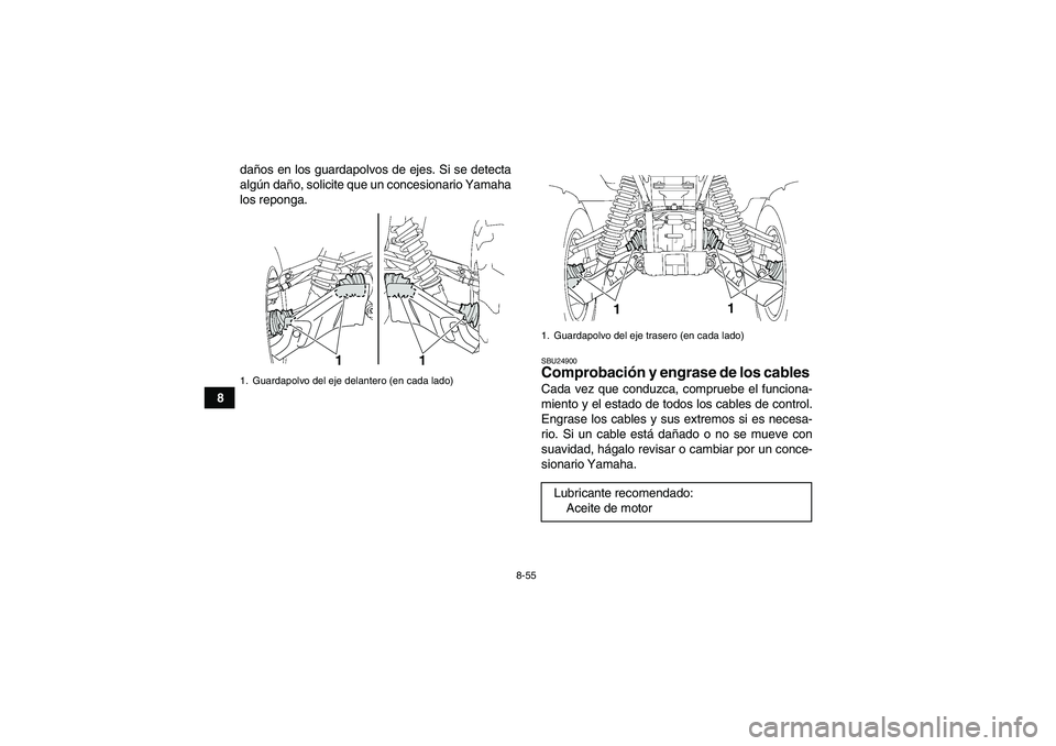 YAMAHA GRIZZLY 700 2009  Manuale de Empleo (in Spanish) 8-55
8daños en los guardapolvos de ejes. Si se detecta
algún daño, solicite que un concesionario Yamaha
los reponga.
SBU24900Comprobación y engrase de los cables Cada vez que conduzca, compruebe e