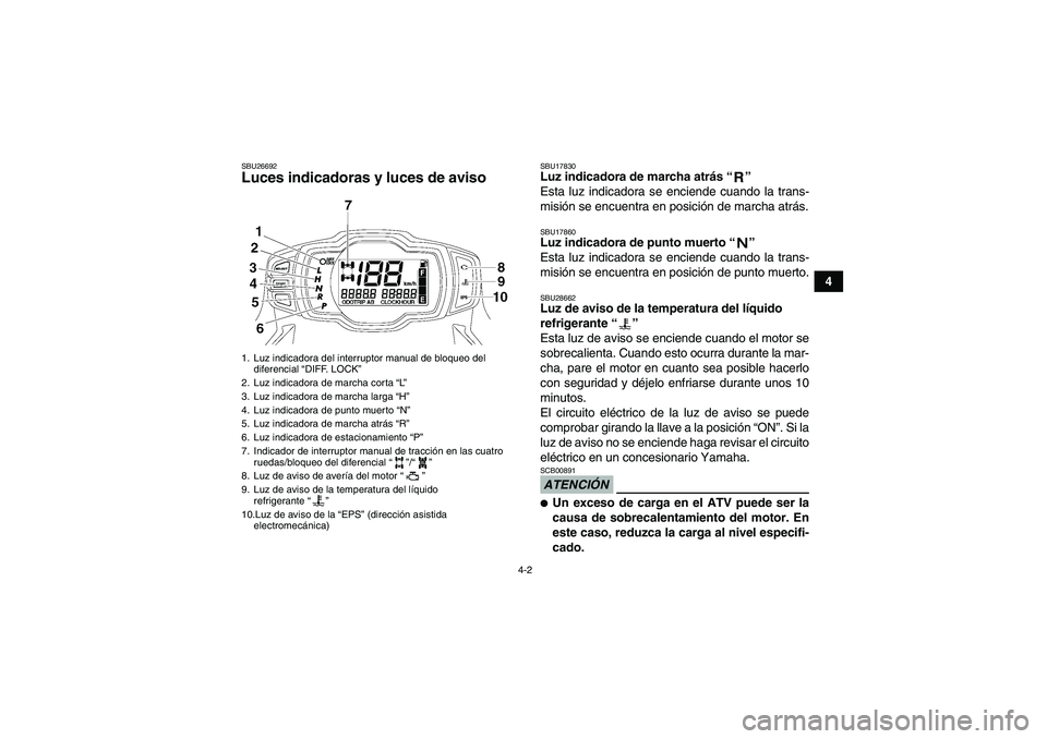 YAMAHA GRIZZLY 700 2009 Manuale de Empleo (in Spanish) 4-2
4
SBU26692Luces indicadoras y luces de aviso
SBU17830Luz indicadora de marcha atrás“”
Esta luz indicadora se enciende cuando la trans-
misión se encuentra en posición de marcha atrás.SBU YAMAHA GRIZZLY 700 2009 Manuale de Empleo (in Spanish) 4-2
4
SBU26692Luces indicadoras y luces de aviso
SBU17830Luz indicadora de marcha atrás“”
Esta luz indicadora se enciende cuando la trans-
misión se encuentra en posición de marcha atrás.SBU